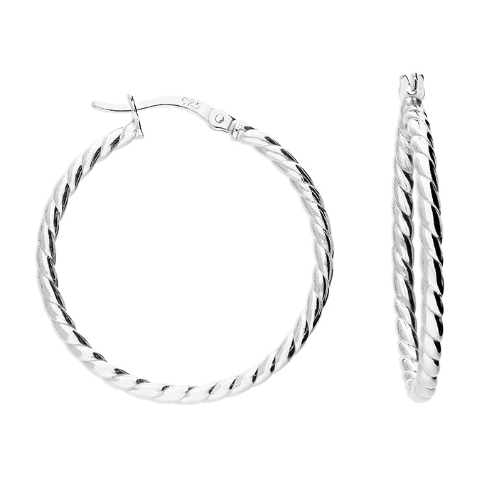 Silver hinged wire hoop earrings complete with presentation box