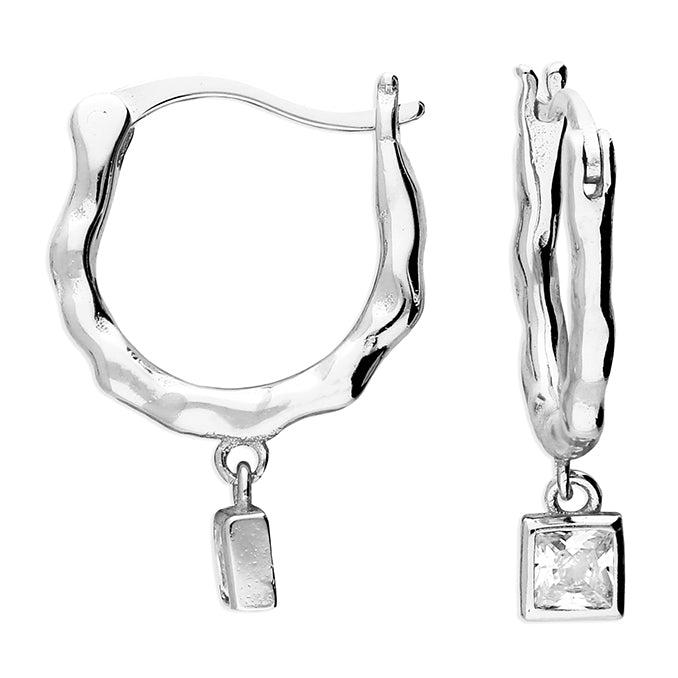 Silver hinged wire stone set hoop earrings complete with presentation box