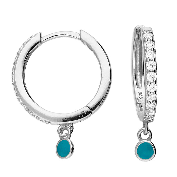 Silver hinged wire stone set hoop earrings complete with presentation box