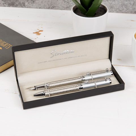 Stratton Two Tone Silver Rollerball and Fountain Pen Set complete with Gift Box