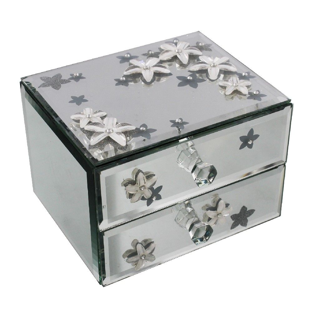 Mirrored oblong Flower design Trinket Box