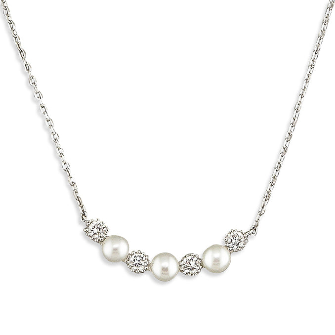 Silver Cubic Zirconia and Freshwater Pearl pendant and chain complete with presentation box