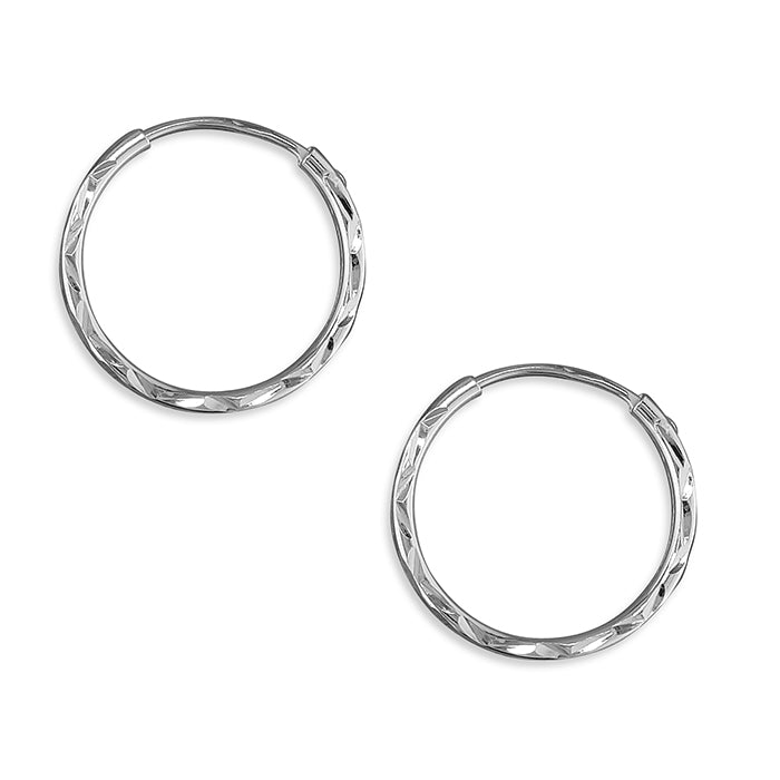 Silver hinged wire diamond cut hoop earrings complete with presentation box