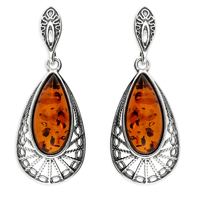 Silver teardrop Amber drop earrings complete with presentation box