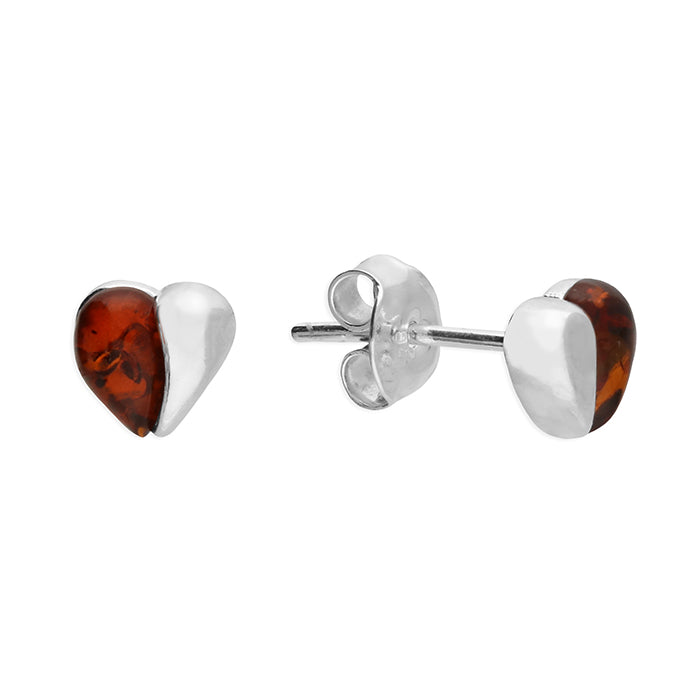Silver heart Amber stud earrings complete with presentation box