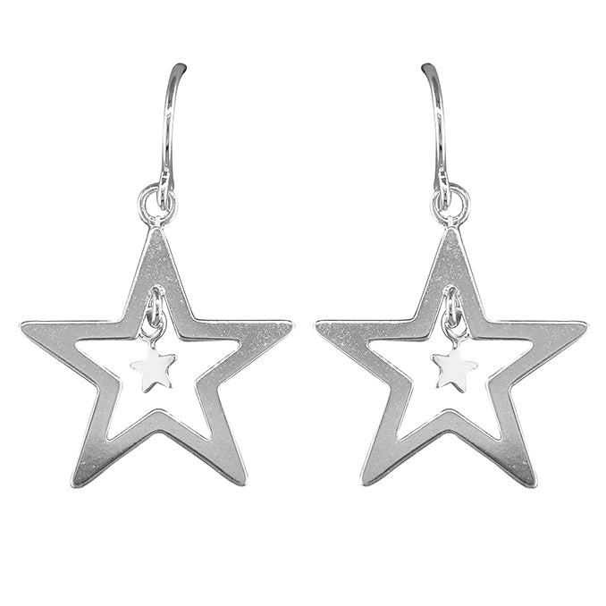 Silver cut out double star drop earrings complete with presentation box