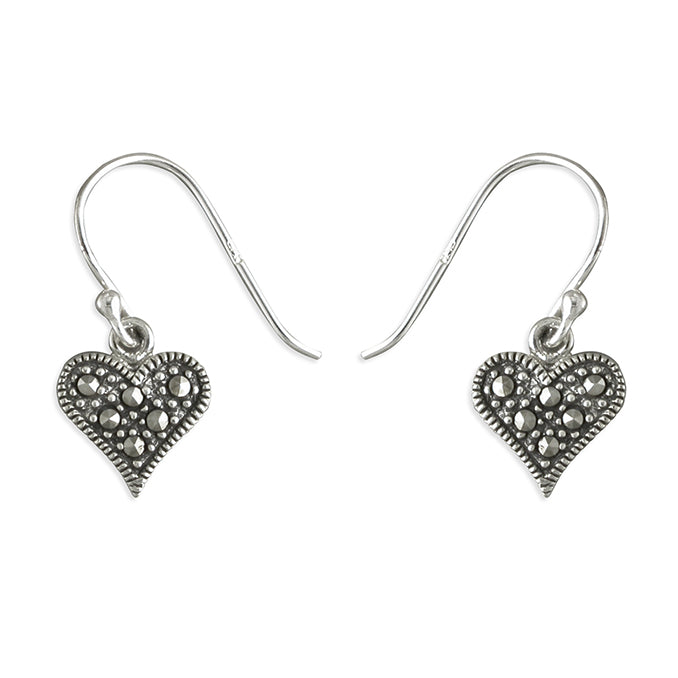 Silver Marcasite set heart drop earrings complete with presentation box