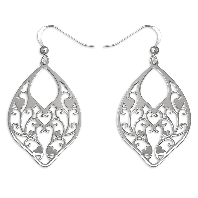 Silver fancy cut out drop earrings complete with presentation box
