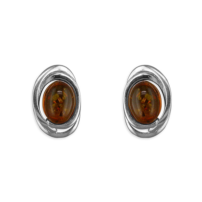 Silver oval Amber stud earrings complete with presentation box