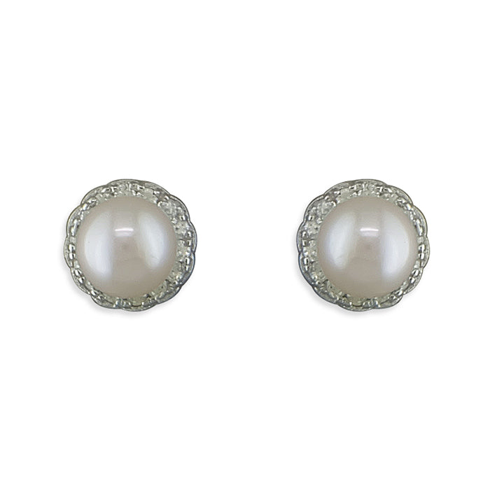 Silver Freshwater Pearl and Cubic Zirconia stud earrings complete with presentation box