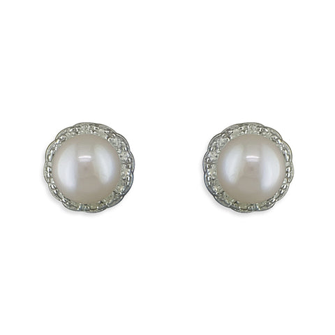 Silver Freshwater Pearl and Cubic Zirconia stud earrings complete with presentation box