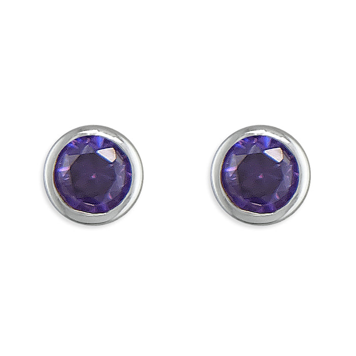 Silver Cubic Zirconia purple round stud earrings complete with presentation box