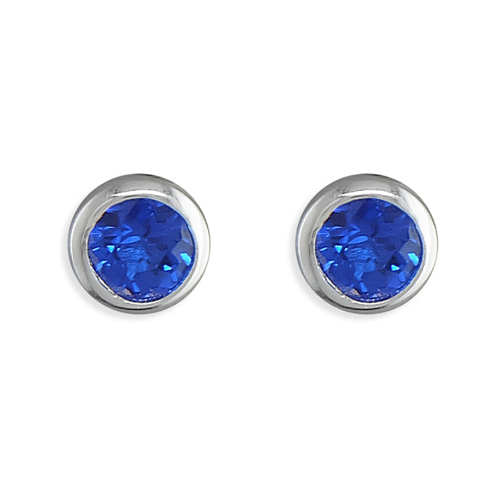 Silver Cubic Zirconia blue round stud earrings complete with presentation box