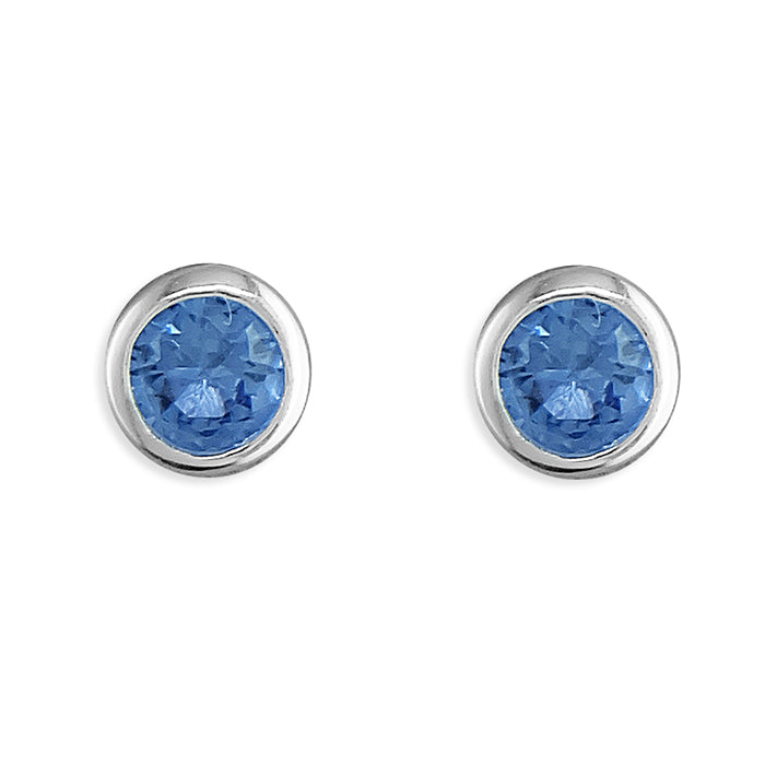 Silver Cubic Zirconia blue round stud earrings complete with presentation box