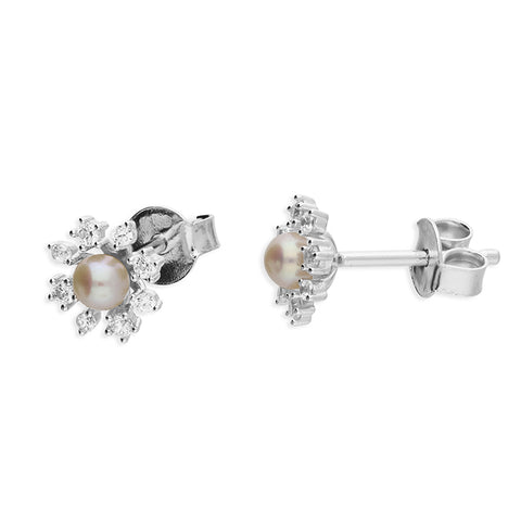 Silver Freshwater Pearl and Cubic Zirconia stud earrings complete with presentation box