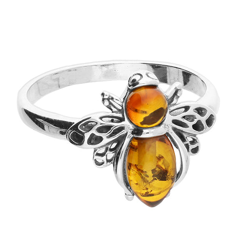 Silver Amber set Bee Ring complete with presentation box