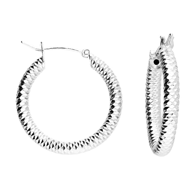Silver Patterned Hoop Earrings with hinged wire fitting complete with presentation box
