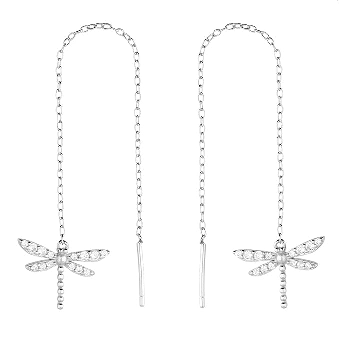 Silver Cubic Zirconia dragonfly thread through drop earrings complete with presentation box