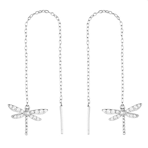 Silver Cubic Zirconia dragonfly thread through drop earrings complete with presentation box