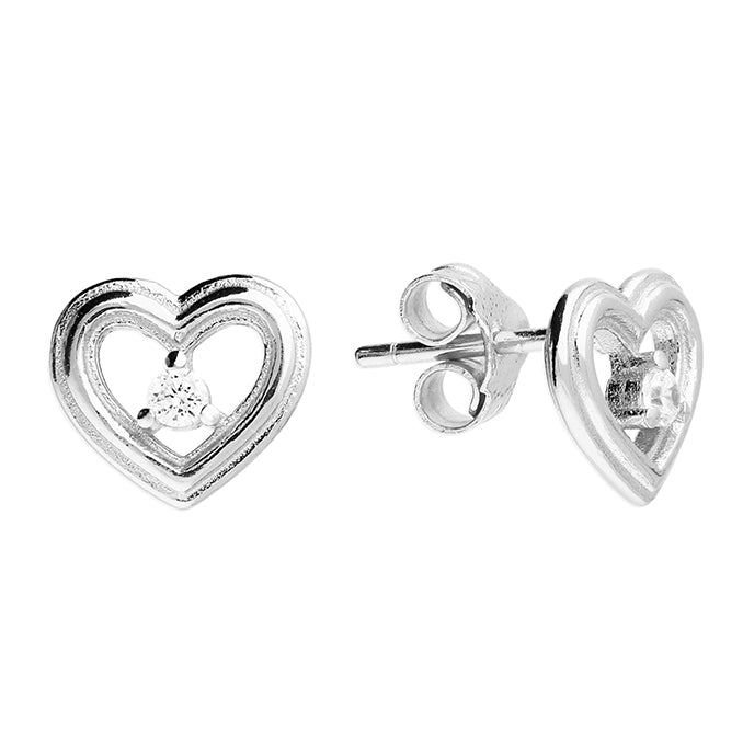 Silver Cubic Zirconia heart stud earrings complete with presentation box