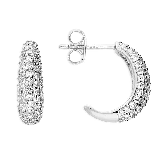 Silver Cubic Zirconia set post and scroll back hoop earrings complete with presentation box