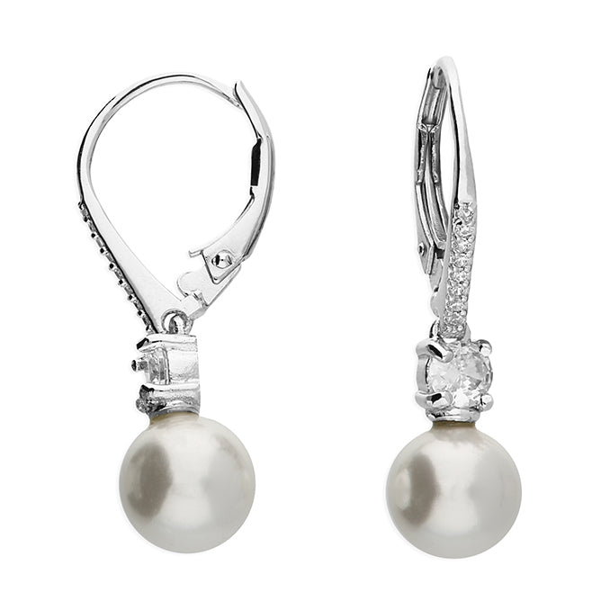 Silver Simulated Pearl and Cubic Zirconia drop earrings complete with presentation box