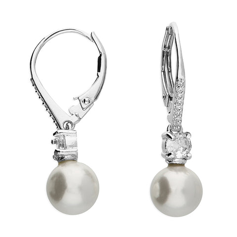 Silver Simulated Pearl and Cubic Zirconia drop earrings complete with presentation box