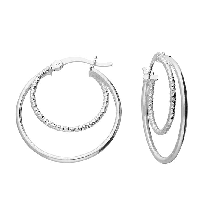 Silver hinged wire hoop earrings complete with presentation box