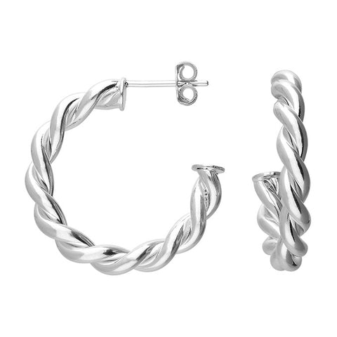 Silver post and scroll back hoop earrings complete with presentation box