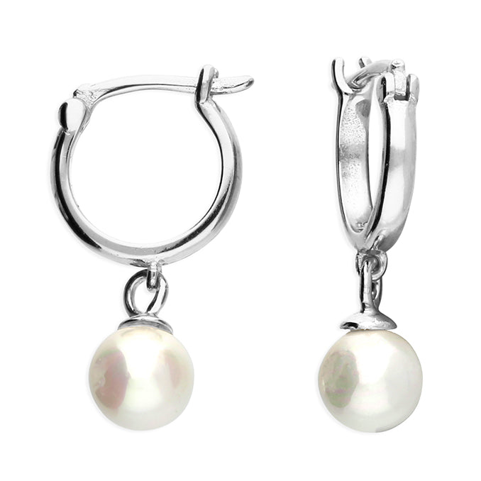 Silver Simulated Pearl hoop earrings complete with presentation box