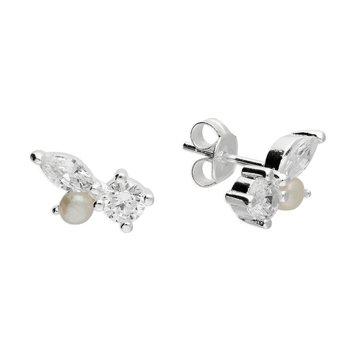 Silver Simulated Pearl and Cubic Zirconia stud earrings complete with presentation box