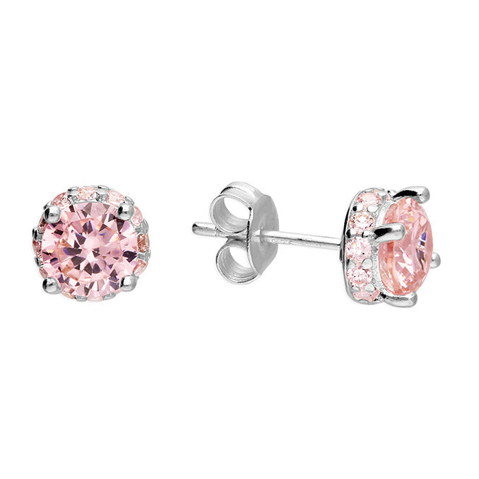Silver Cubic Zirconia pink stud earrings complete with presentation box