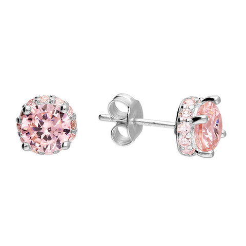 Silver Cubic Zirconia pink stud earrings complete with presentation box