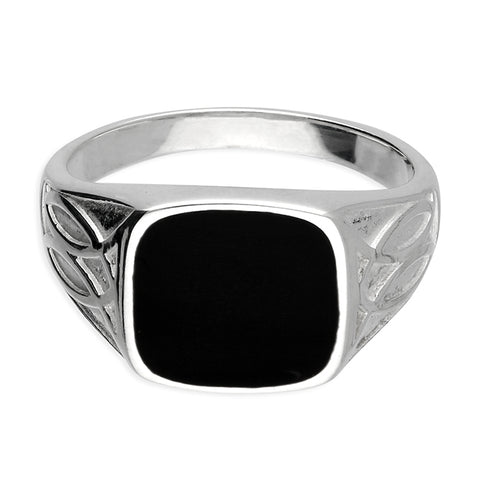 Silver Men's Black Enamel Signet Ring complete with presentation box