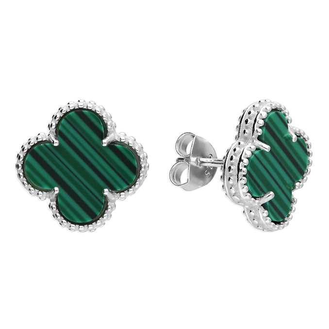 Silver Synthetic Malachite stud earrings complete with presentation box