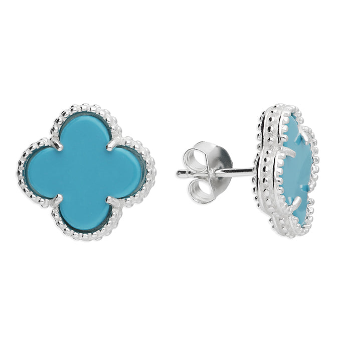 Silver Synthetic Turquoise stud earrings complete with presentation box