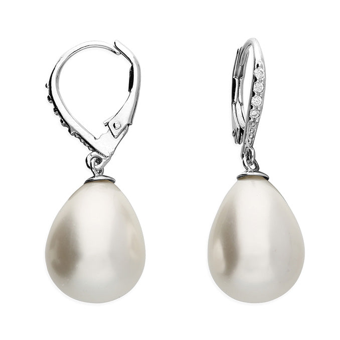 Silver Simulated Pearl and Cubic Zirconia drop earrings complete with presentation box