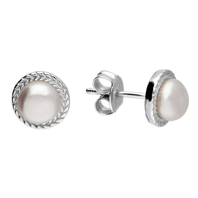 Silver Freshwater Pearl round stud earrings complete with presentation box