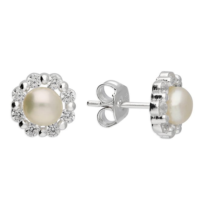 Silver Freshwater Pearl and Cubic Zirconia stud earrings complete with presentation box