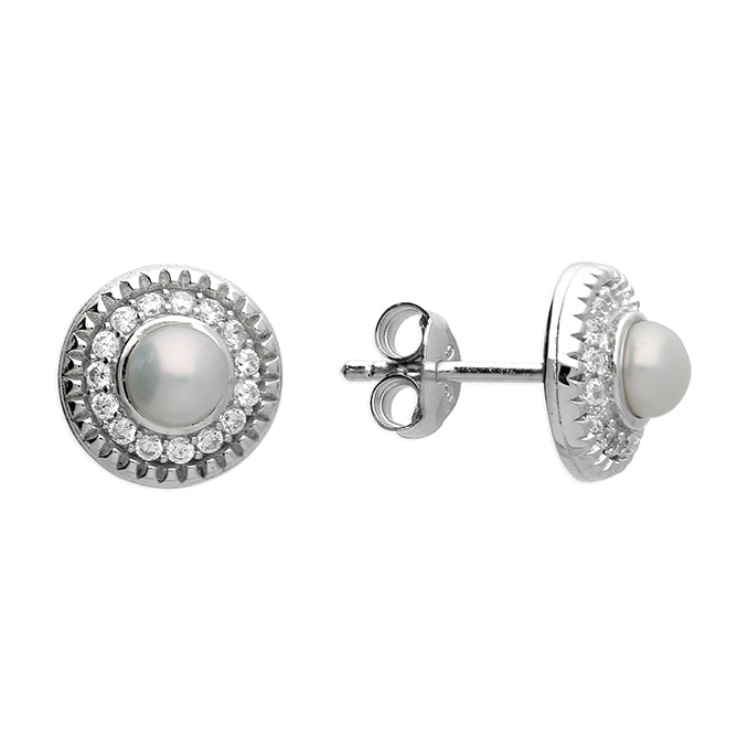 Silver Freshwater Pearl and Cubic Zirconia stud earrings complete with presentation box