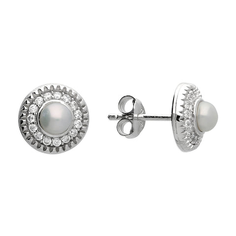 Silver Freshwater Pearl and Cubic Zirconia stud earrings complete with presentation box