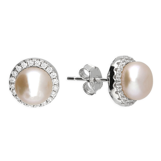 Silver Freshwater Pearl and Cubic Zirconia stud earrings complete with presentation box