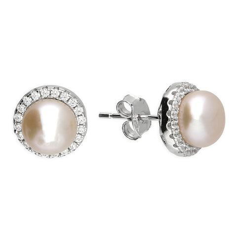 Silver Freshwater Pearl and Cubic Zirconia stud earrings complete with presentation box