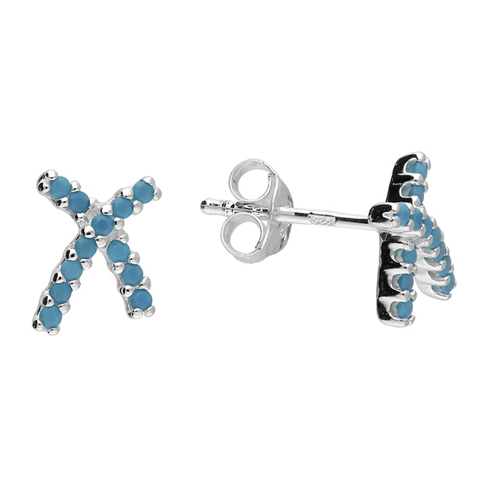 Silver Synthetic Turquoise stud earrings complete with presentation box