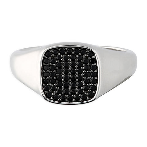 Silver Men's Black Cubic Zirconia Signet Ring complete with presentation box