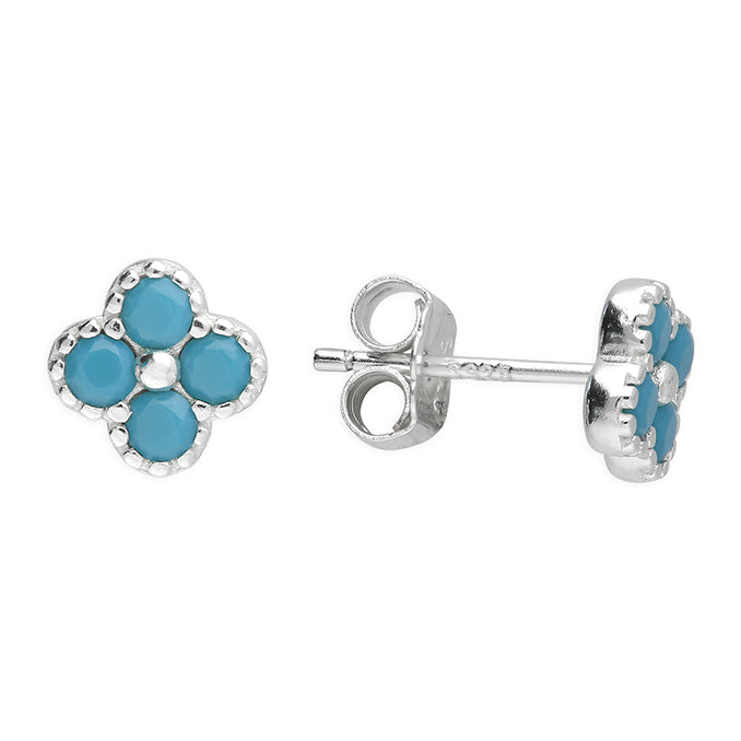 Silver Synthetic Turquoise stud earrings complete with presentation box