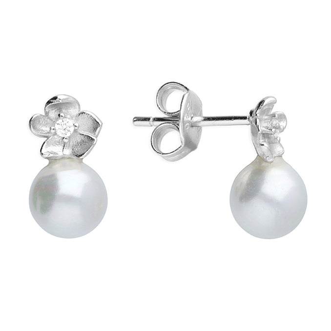 Silver Simulated Pearl and Cubic Zirconia stud earrings complete with presentation box