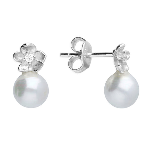 Silver Simulated Pearl and Cubic Zirconia stud earrings complete with presentation box