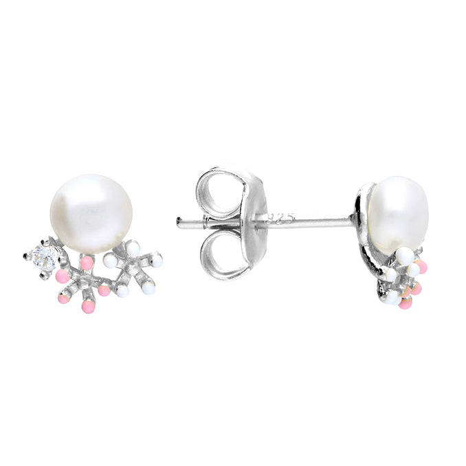 Silver Freshwater Pearl and Cubic Zirconia stud earrings complete with presentation box
