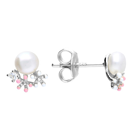 Silver Freshwater Pearl and Cubic Zirconia stud earrings complete with presentation box